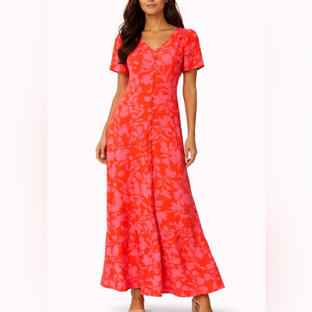 Women's Red Floral V-Neck Maxi Dress
